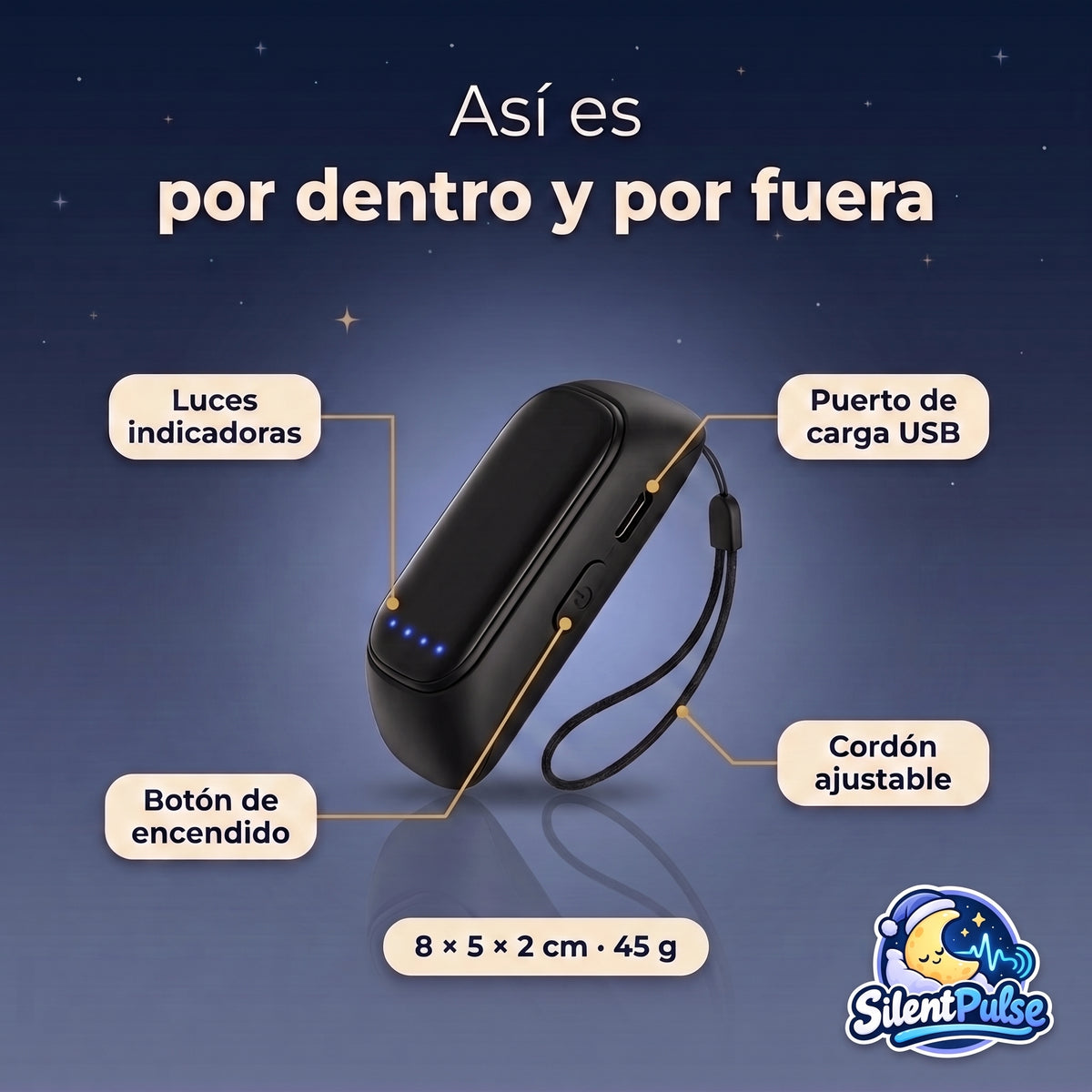 Partes del dispositivo y medidas: 8 x 5 x 2 cm, 45 g