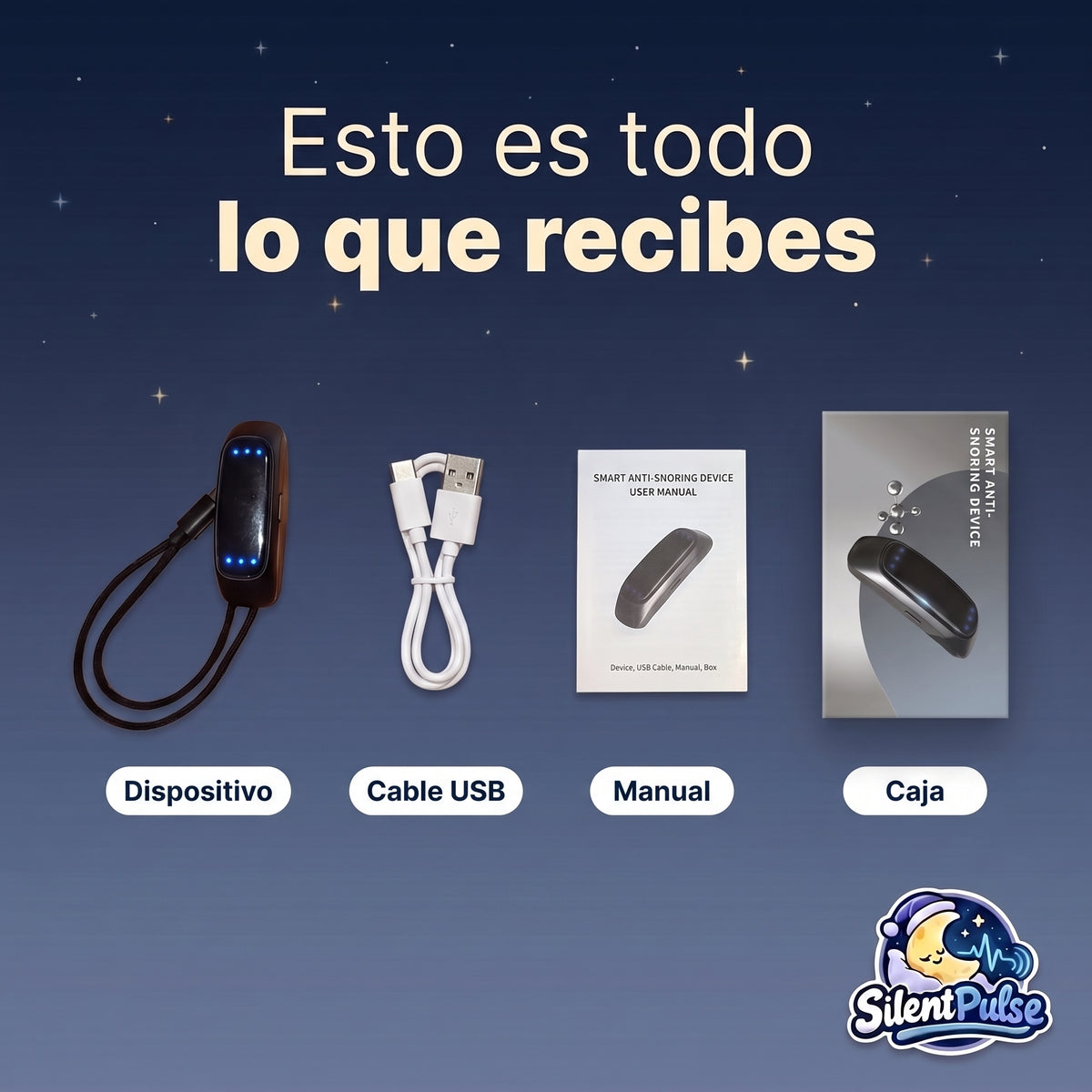 Contenido de la caja: dispositivo, cable USB, manual y caja